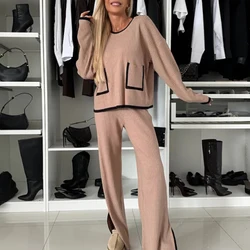 Fashion Contrasting Color Knitted Two Piece Winter Casual Women O-neck Long Sleeved Top + Pants Set Elegant Homewear Loose Suit