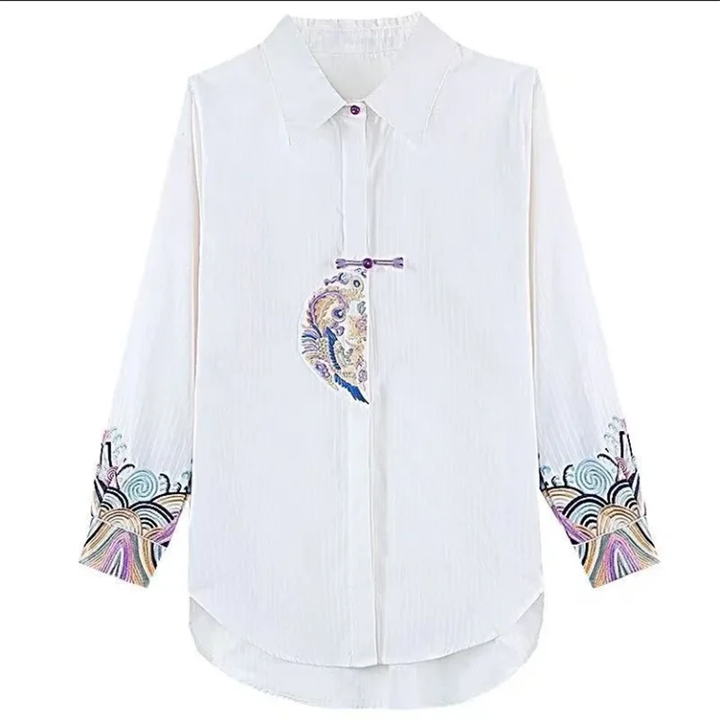 Retro Blouse Women\'s Shirt Embroidery Blouses Chinese Style Woman Clothes Shirts Laple Cardigan Top Casual Loose Female Shirt