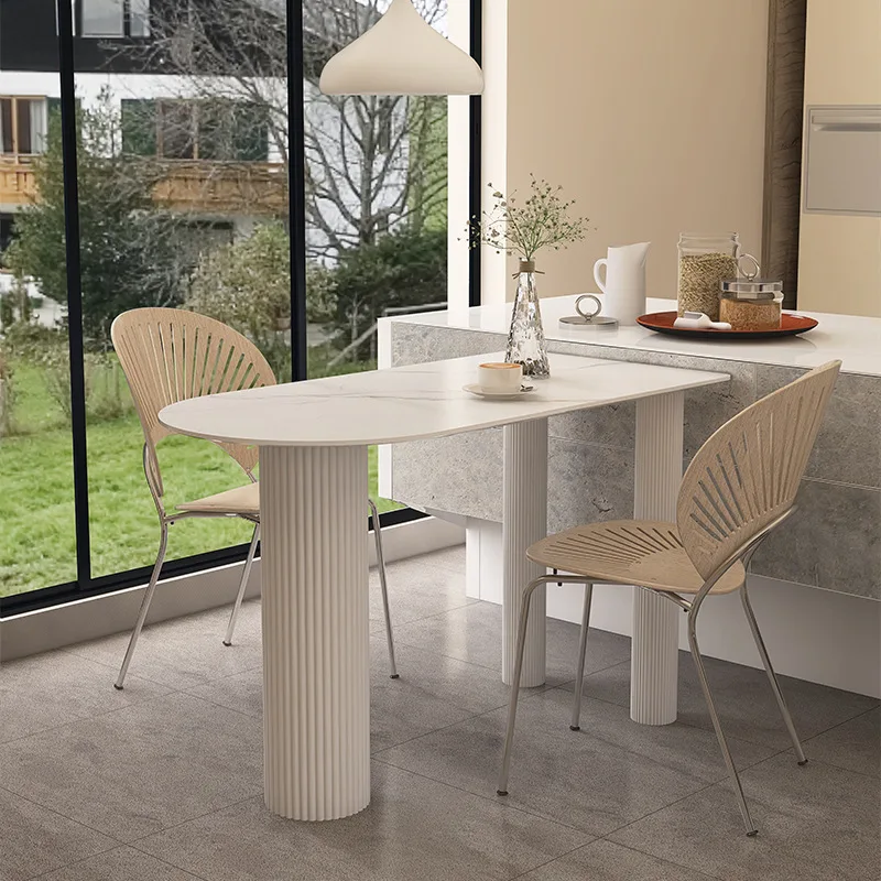 Semi-circular slate island dining table integrated light luxury desk small apartment workbench against the wall