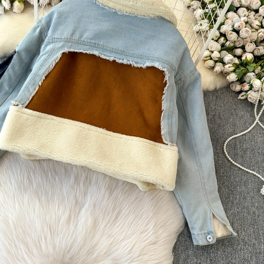 Women Winter Lamb Wool Thick Denim Coat Match Color Loose Ladies Short Winter Outwear