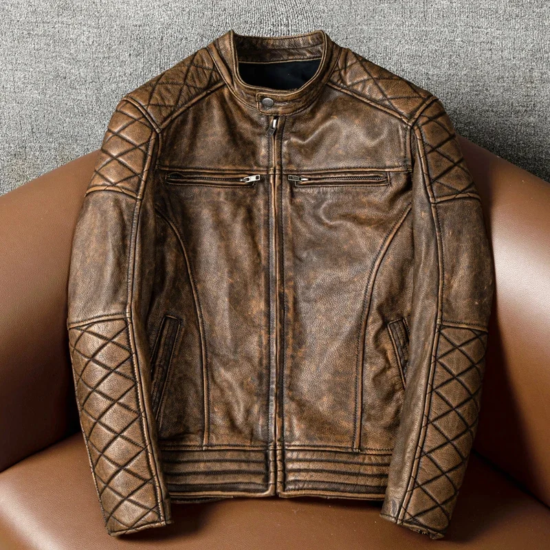 Shop.2025 Brand vintage brown cow leather jacket.Moto Rider quality real coat,Sales Men cloth