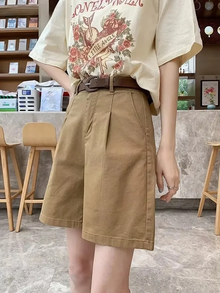 

Summer High Waist Loose Straight Office Shorts Casual White Wide Leg Shorts for Women Ladies Solid Black Women's Bermuda Shorts
