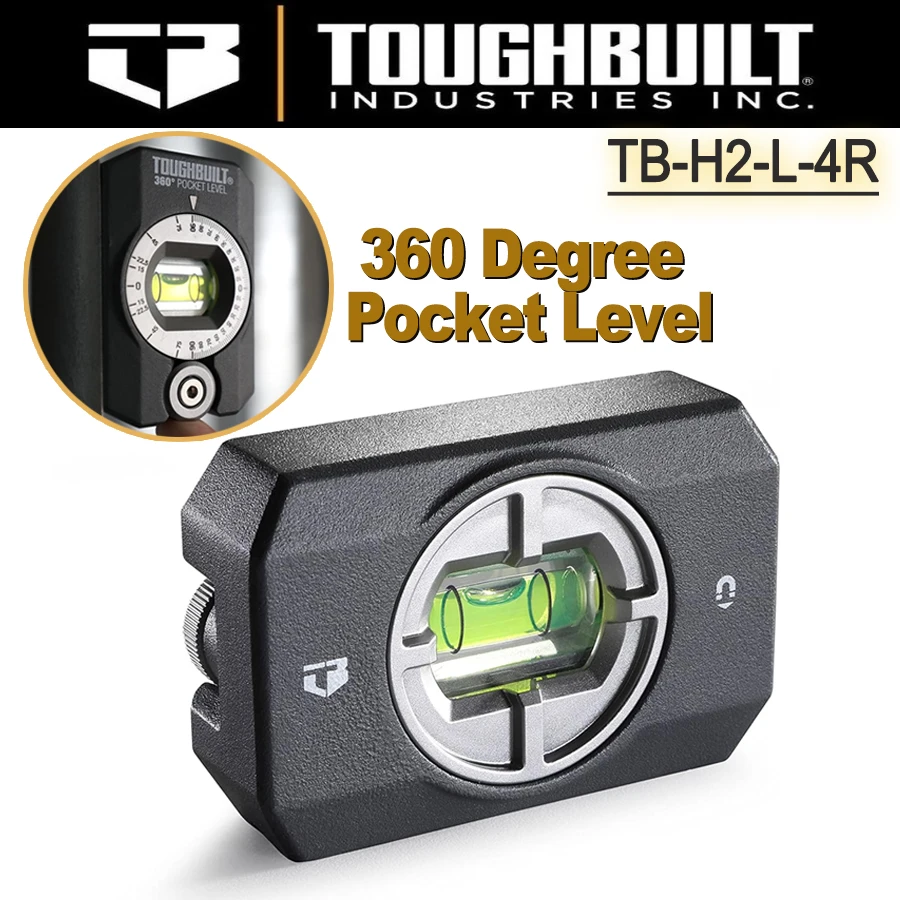 ToughBuilt 360 Degree Pocket Level, Precision Rotating Vial,Small Pocket Size Level, Powerful Rare Earth Magnet Level TB-H2-L-4R