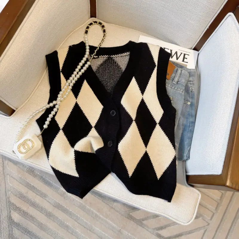 Sleeveless Women\'s Clothing Button Sweater Knitted Cardigan Contrast Color Screw Thread Vest Coats Fashion Spring Autumn Tops