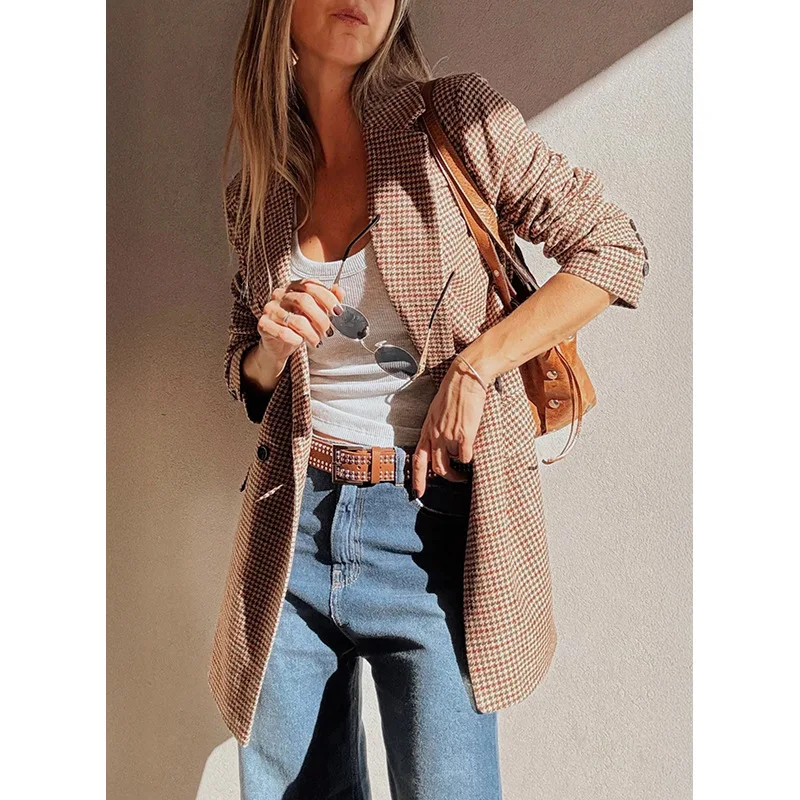 

Осень-зима, новый винтажный блейзер с узором «гусиные лапки» для женщин, 2022, универсальный длинный S в европейском и американском стиле с отложным воротником и открытой передней частью