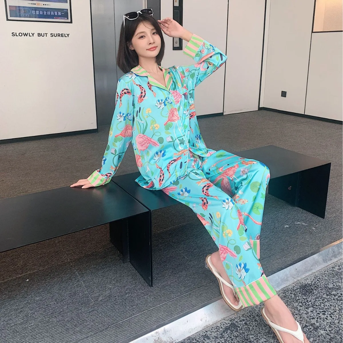 Ins Style Design Ice Silk Flamingo Pajamas Women\'s Spring Summer Long Sleeves Pants Home Suit Plant Flowers Sleepwear Female