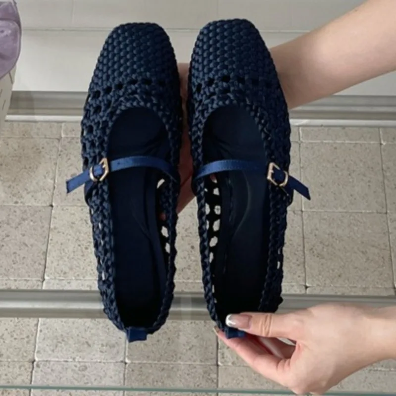 

Women Hollow Woven Mary Jane Flats Square Toe Single Strap Buckle Flat Shoes Summer Breathable Casual Daily Ladies Walking Pumps
