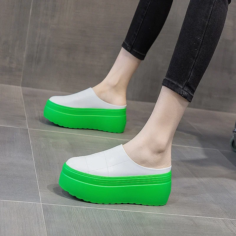 2024 new Half slippers women's spring  slippers women's shoes solid color thick sole height 8cm green sole personality half drag