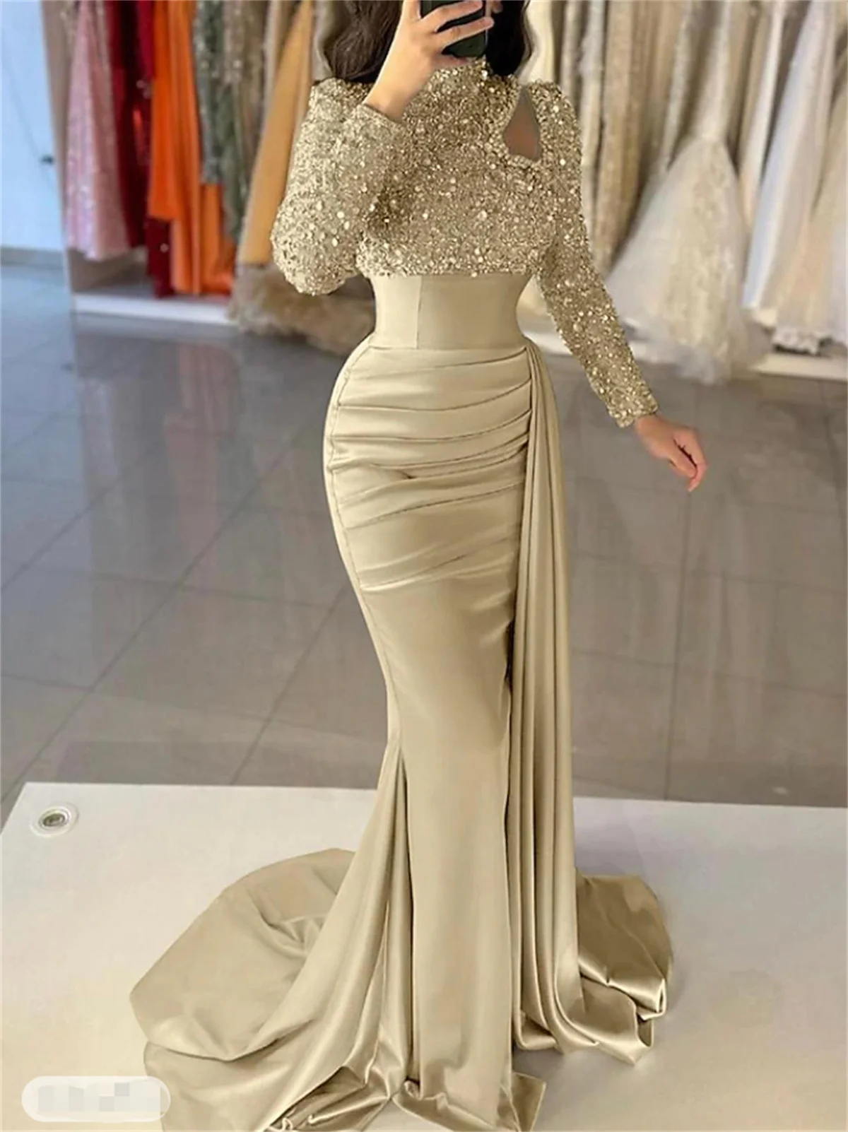 Customized Luxurious Sequins Prom Luxury Bling Beaded Long Sleeves Formal Evening Dress Party Pageant Gowns 2024 Robe de mariée