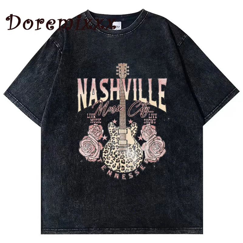 

Nashville Music City Graphic Tee Country Girl Vintage T Shirt Women Oversized Washed T-Shirt Grunge Y2K Tops Womens Streetwear