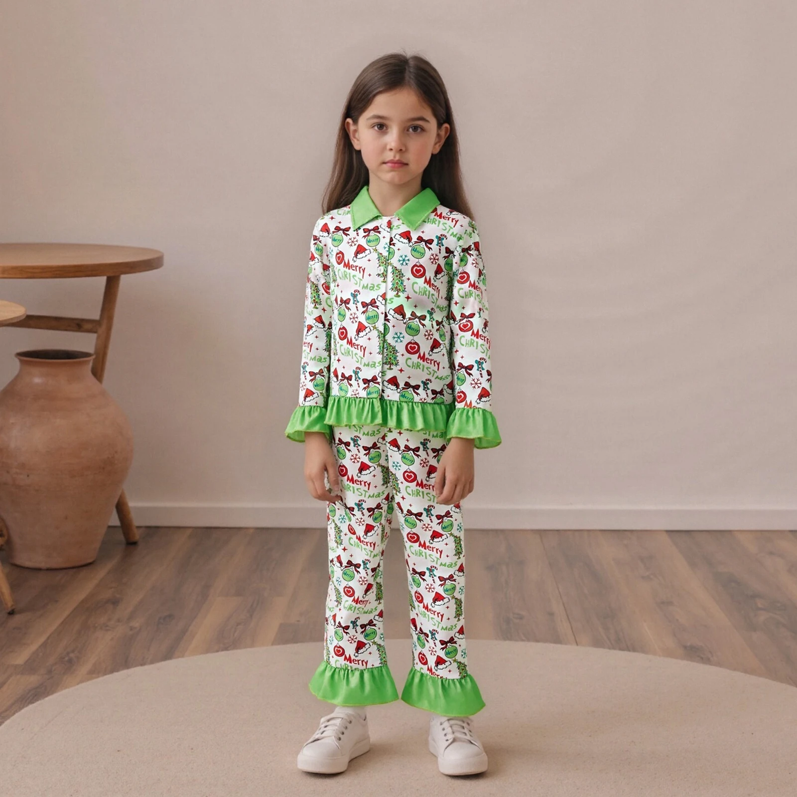 

2Pcs Christmas Pajamas Sets for Toddler Girl Flare Long Sleeve Button Down Tops with Elastic Waist Pants Nightwear