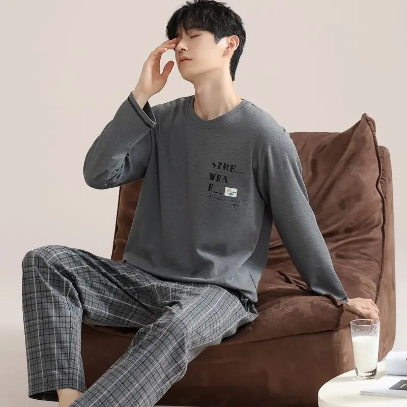 

2025 Autumn Long Sleeve 100% Cotton Casual Plaid Pajama Sets for Men Korean Loose Sleepwear Pyjama Male Homewear Home Clothes