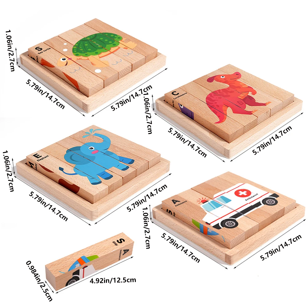 Wooden Stereoscopic Strip Animal Transport Building Blocks, Traffic Dinosaur Puzzle Enlightenment Toy, 4-sided Pattern Puzzle