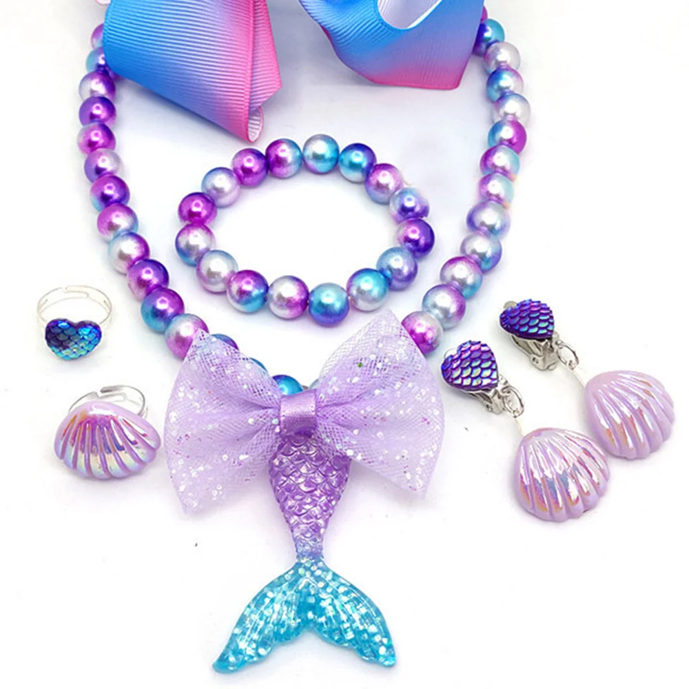 Girl Mermaid Birthday Party Favors Little Mermaid Tail Decorations Beads Necklace Pendant Child Birthday Gifts Purple Pink Decor