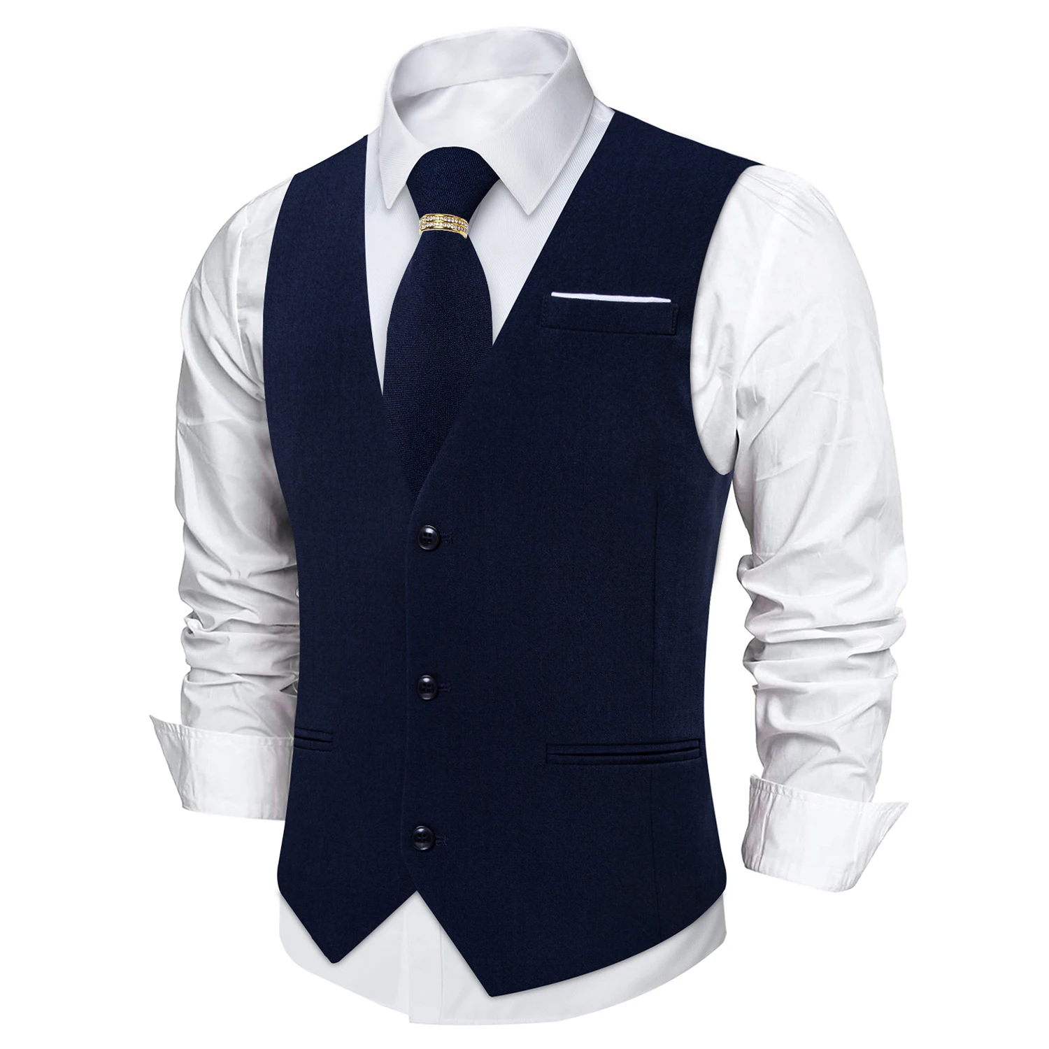 Navy Solid Textured V-Neck Ves - đánh giá và giá Pocket Square Set