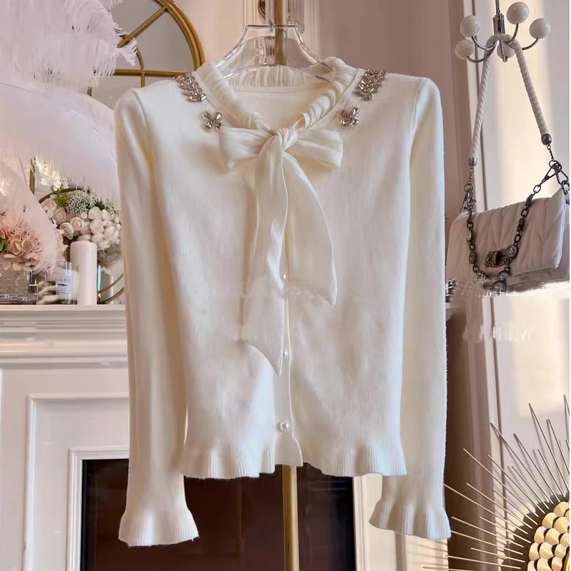 

Autumn Winter New Bow Tie tie Neck Women Sweater Long Sleeve Diamond Knitwear Fashion Lady Cardigan Tops