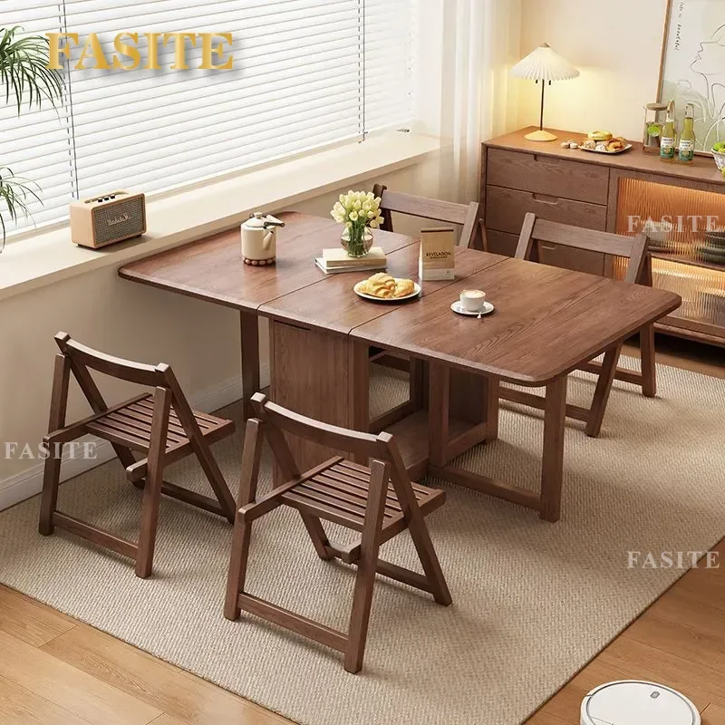 For Small Apartment All Solid Wood Folding Dining Table Rectangular Foldable Eating Table with Chairs Space Saving Household
