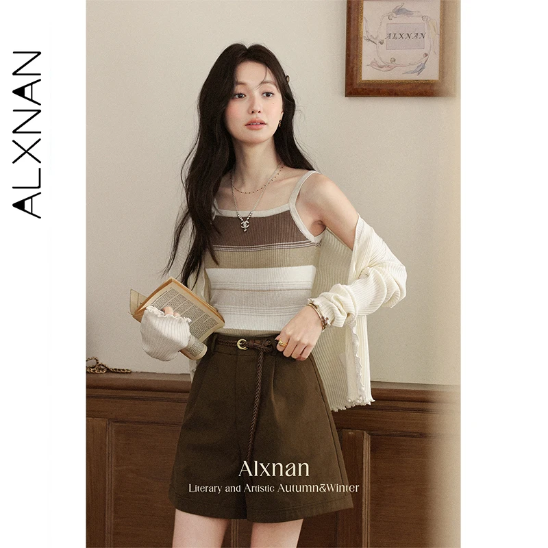 

ALXNAN Brown Striped Knitted Camisole Women Summer Vintage Elegant Sleeveless Tops Casual Beach Holiday Female Clothing L56757