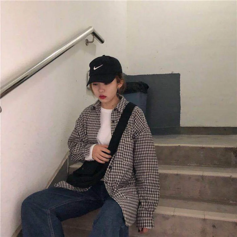 Spring and Autumn new preppy style plaid shirt female students Korean style loose all-match mid-length cardigan shirt coat fashi