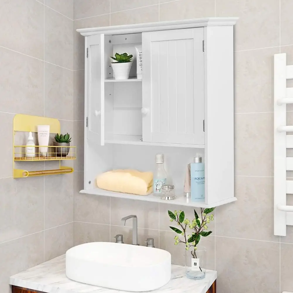 

Bathroom Wall Cabinet Wood Medicine Cabinet Multipurpose Home Kitchen Medicine Organizer with 2-Doors and 1 , White Succulent