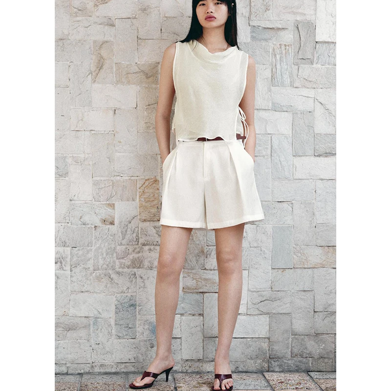 Estate delle nuove donne irt Knot effetto antirughe colletto drappeggiato Svel ort Top Commute Sle Slim Fit rotondo Ne Po...