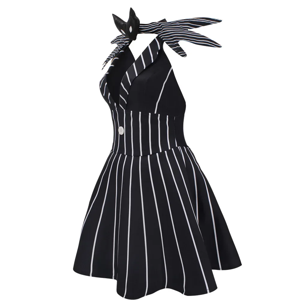 Jack Skellington V-neck Stripes Dress Cosplay Costume Halloween Carnival Party Outfits for Women