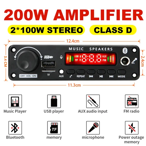 NEW 200W  Amplifier Bluetooth DIY MP3 WAV Decoder Board DC 12V 100W  Wireless Car USB MP3 Player TF Card Slot USB FM with Mic