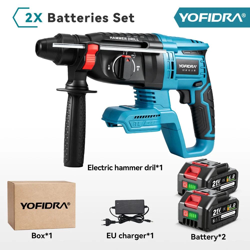 YOFIDRA 26 MM Bürstenlosen Elektrischen Bohrhammer Multifunktionale Rotary Cordless Wiederaufladbare Power Werkzeuge Für Makita Batterie Pin