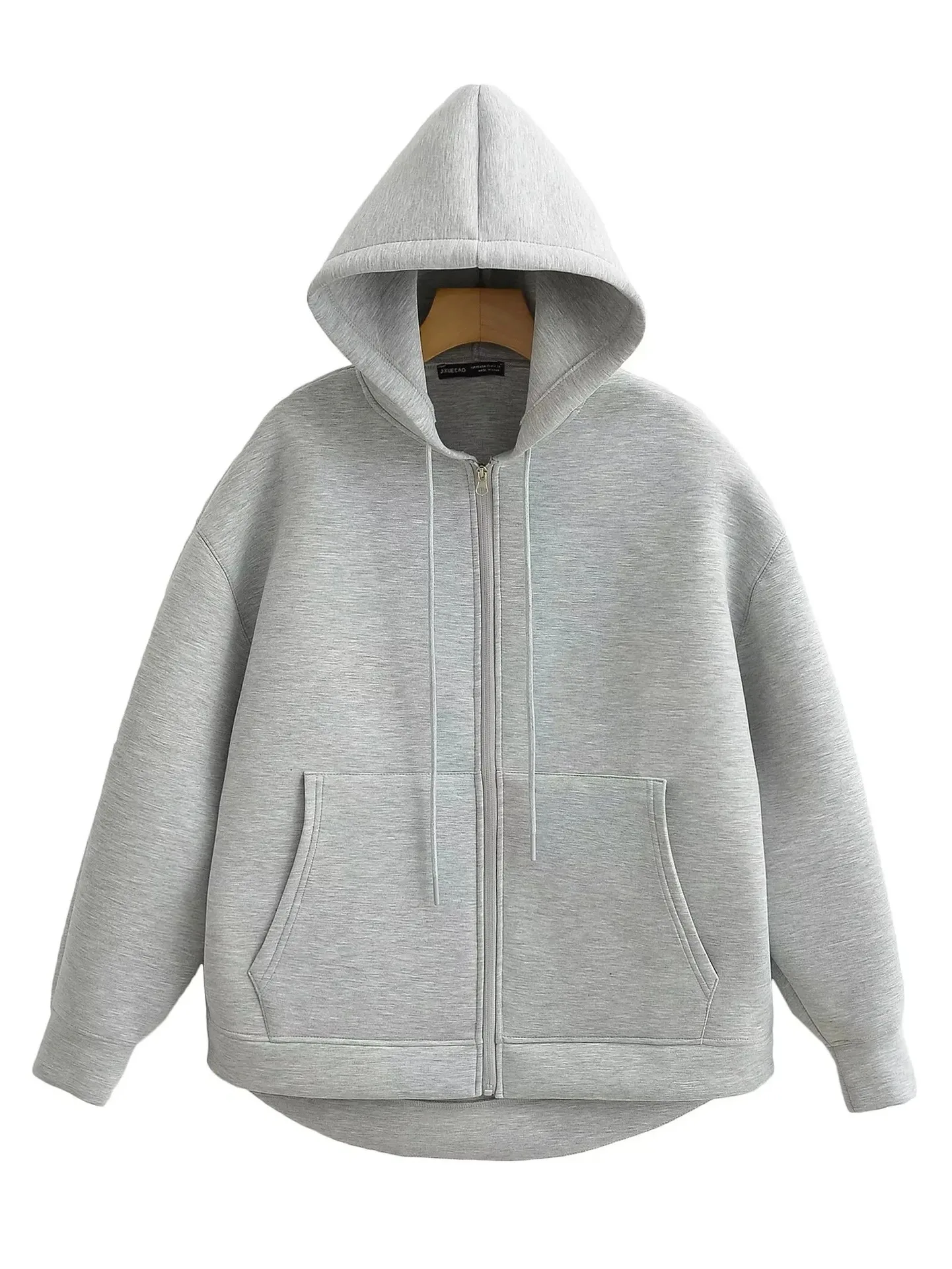Herbstliche Damen-Freizeitjacke mit Kapuze, lockerer Oversize-Schnitt, Reißverschluss-Hoodie, Sweatshirt, einfarbiger Mantel, schicke Oberbekleidung für Bürodamen, Oberteile – Detail 3