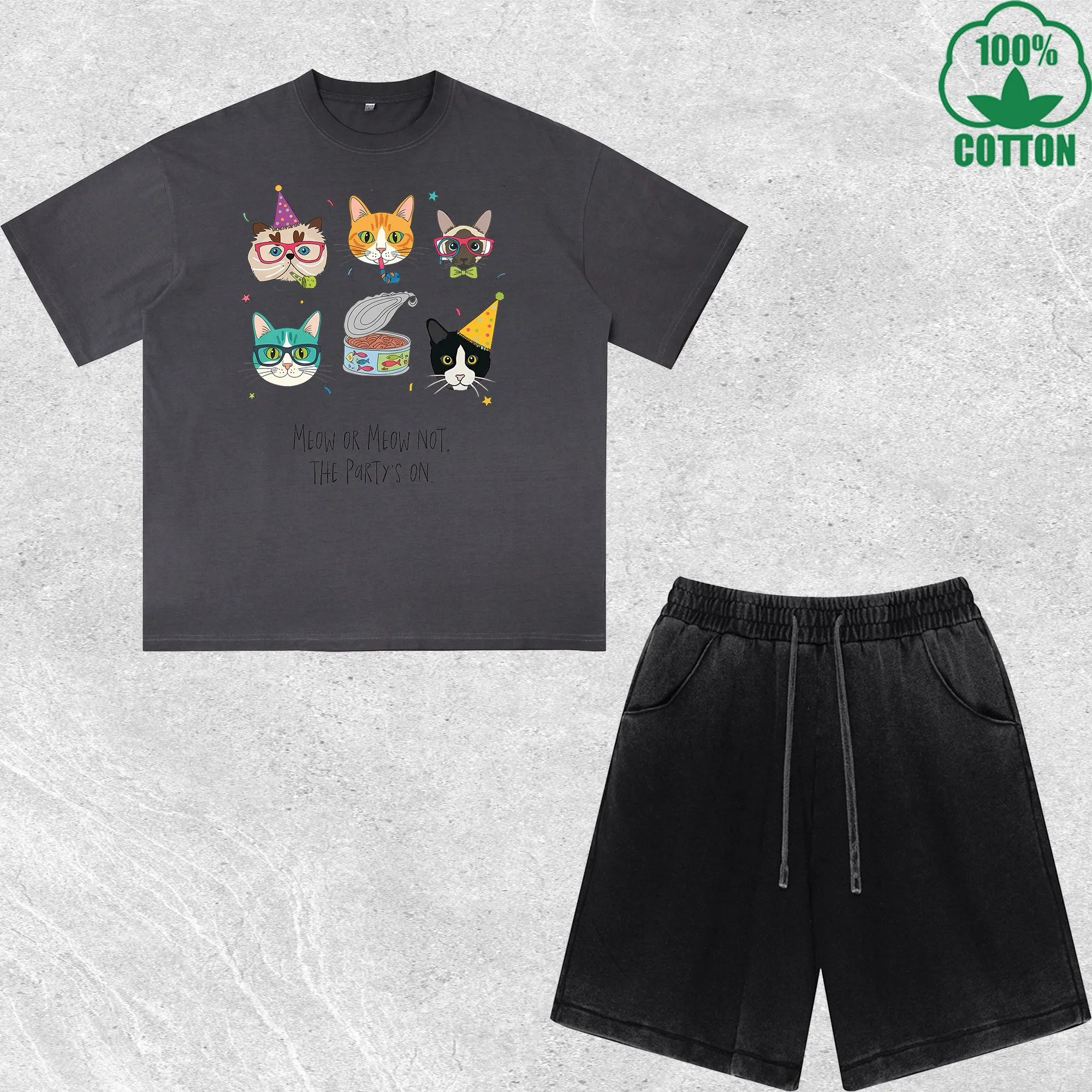 Meow Or Meow Not Printed Dirty Wash T-Shirt Shorts Set Combo Loose Trendy Fashionable 100%Cotton Short Value Pack