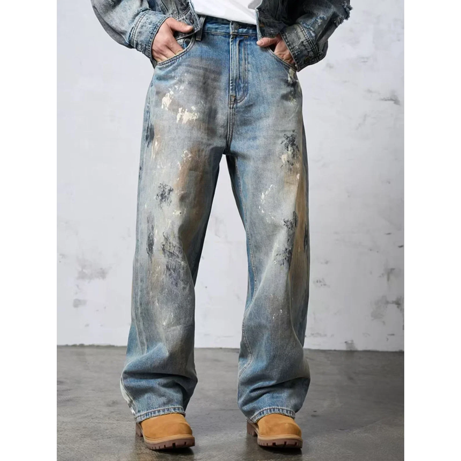 American Retro European and American Style Men's Jeans, Fashionable and Trendy, Distressed Vintage, Loose Fit, Large Size, Straight-Leg Pants