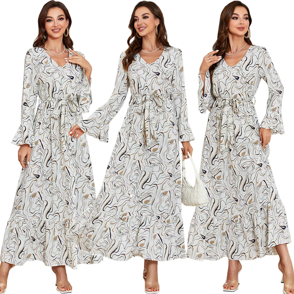 

2024 New Summer Kaftan Women Bohemian Print Maxi Dress Ruffles Abaya Dubai Turkey Robe Islamic Jalabiya Muslim Caftan Vestidos