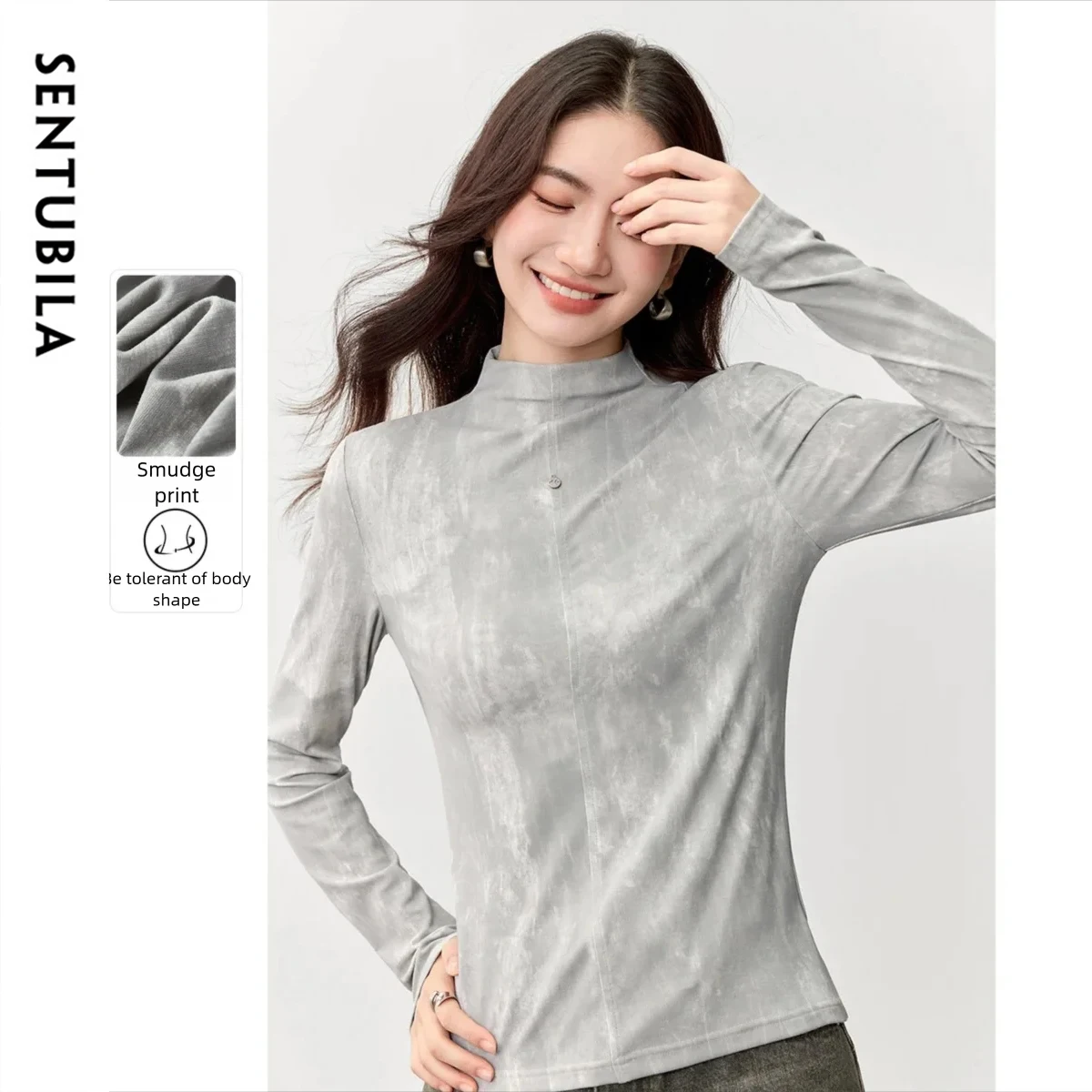 

SENTUBILA женский пуловер-свитер, топы, осень 202, рубашка с длинными рукавами, мягкая, приятная для кожи, тонкая серая трикотажная базовая блузка 153SG2851