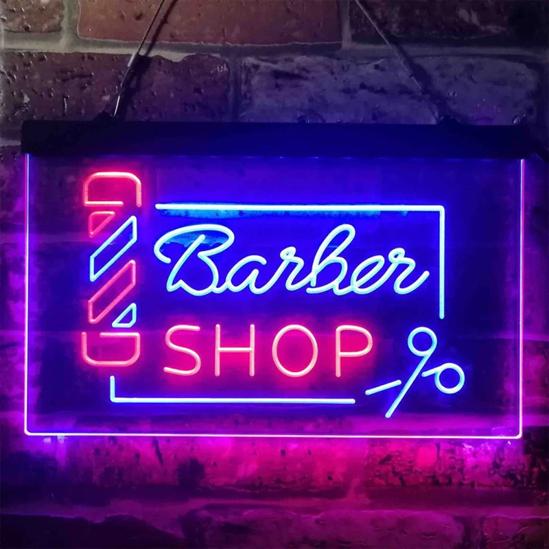 Custom Neon Sign Barber Shop Pole Scissor Hair Cut Dual Color LED Neon Sign  Hair Salon Opening Display Neon Light Hanging Light