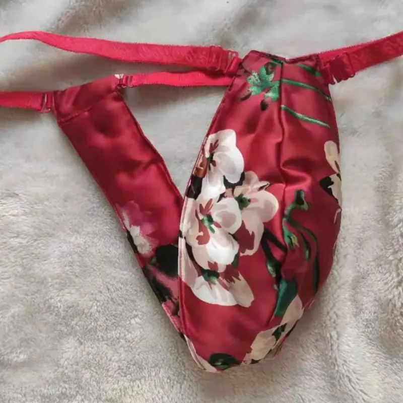 Man's G-string Red Flower Print T-back Briefs Silky Soft Sissy Convex Pouch Thong Jockstrap Party Sexy Underwear LGBT Underpants