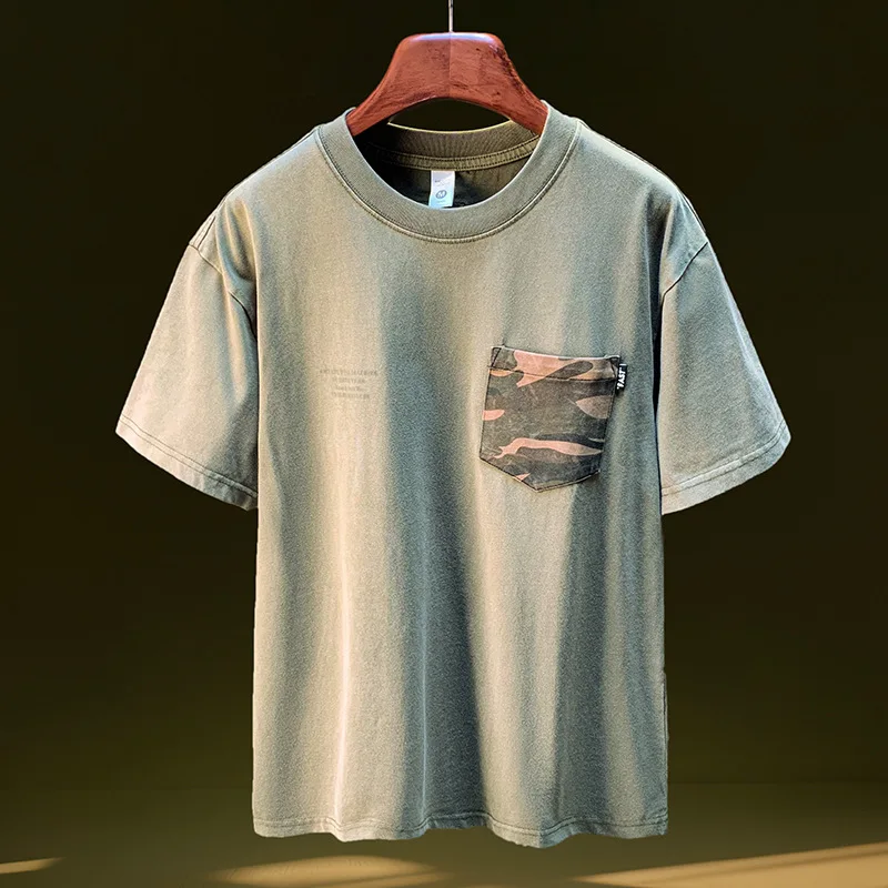 

Camouflage patchwork pocket T-shirt for men's summer 2025 fashion retro high-end loose elastic casual short sleeved clothes
