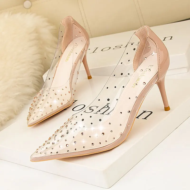 

Spring and summer pointed toe shallow transparent PVC rhinestone single shoes banquet dress large size high-heeled women's shoes