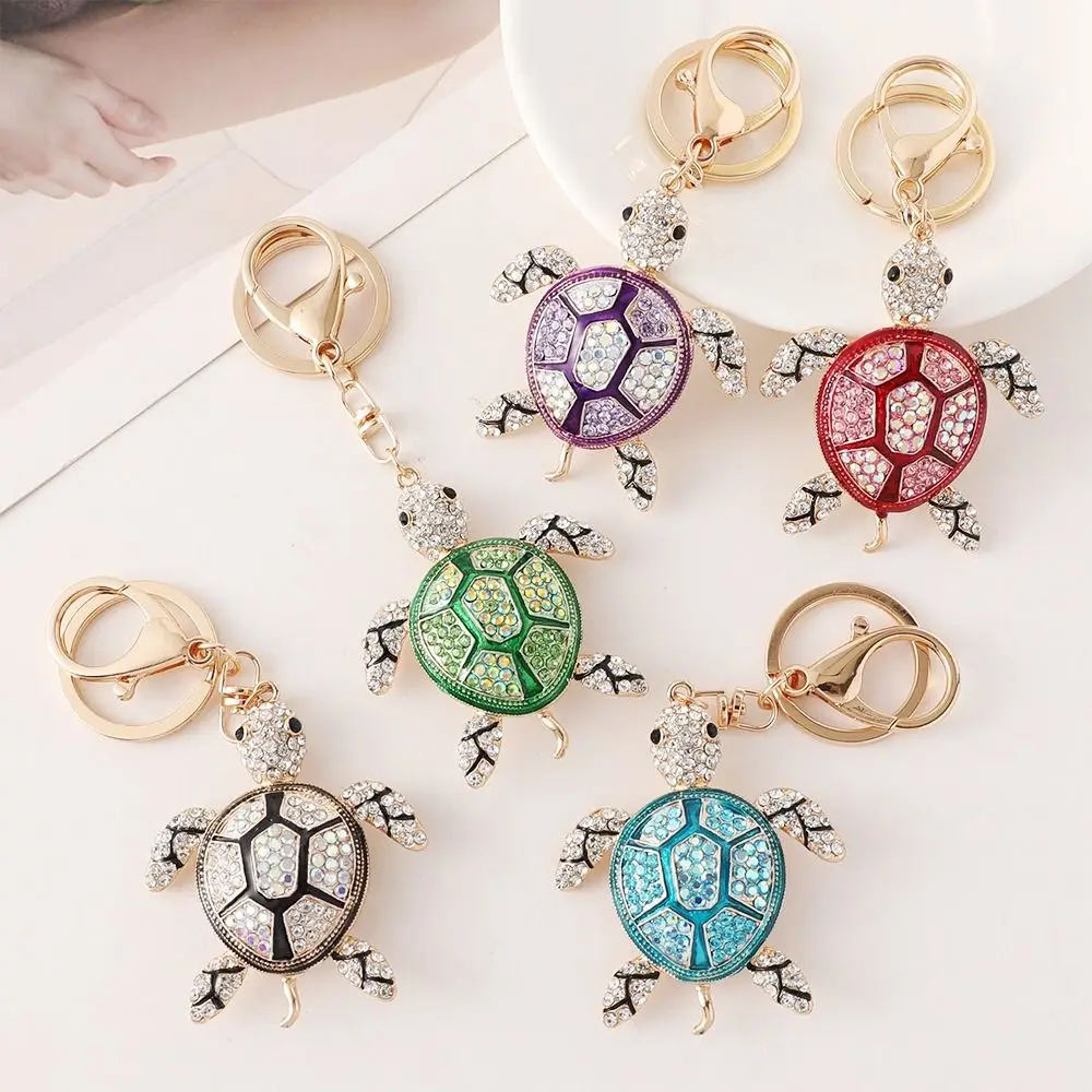 

Lovely Rhinestone Turtle Keychain Colorful Good Fortune Key Ring Holder Metal Creative Hanging Pendant HandBag Charm