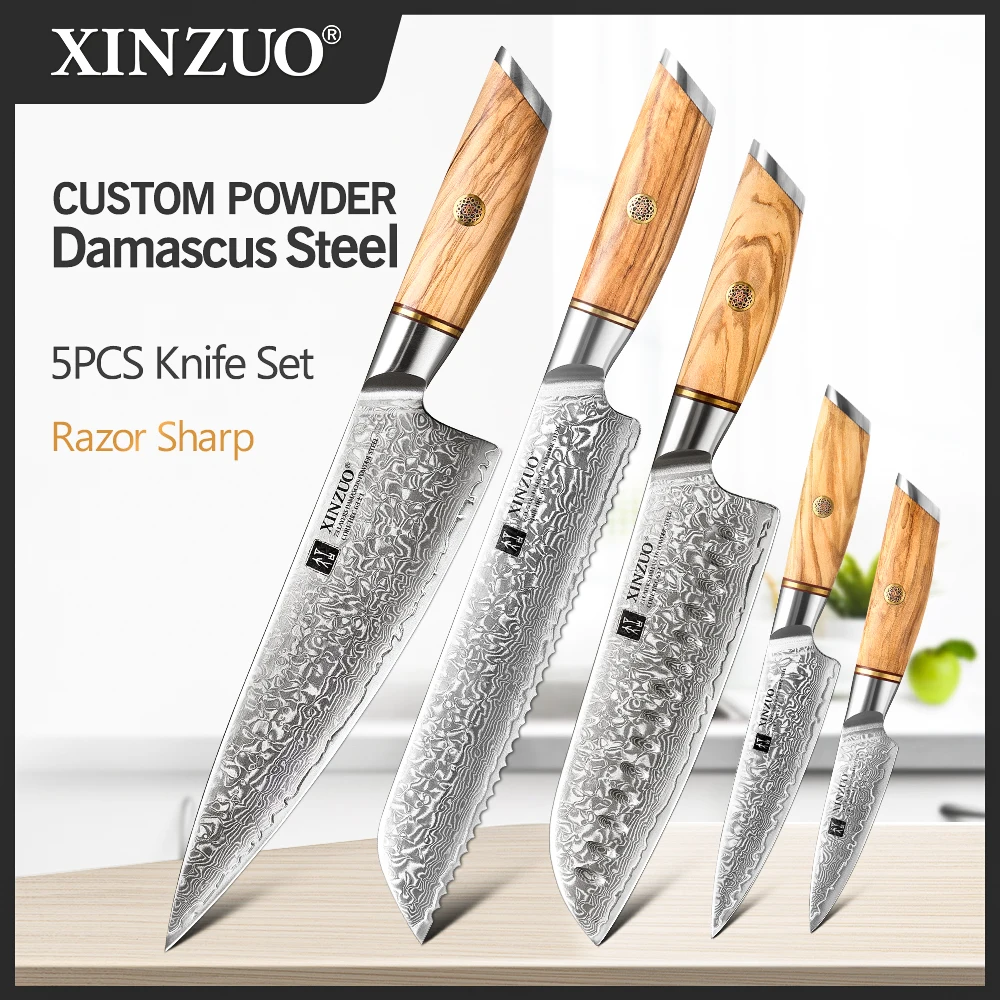 

XINZUO 5pcs Knife Set Powder Steel Core 73 Layers Damascus Steel Sharp Bread Chef Meat Knife Olive Wood Handle