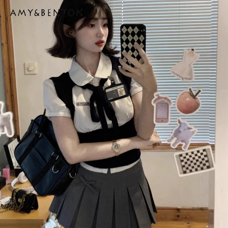 Japanese Summer JK Uniform Sweet And Cute Outfits College Style Black White Short Sleeves Shirt Vest Skirt Three-Piece Set Women