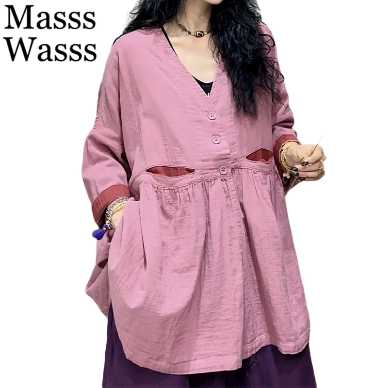 

Модные длинные топы Masss Wasss 2026: женские свободные повседневные рубашки с V-образным вырезом из хлопка, классические винтажные однотонные элегантные блузки