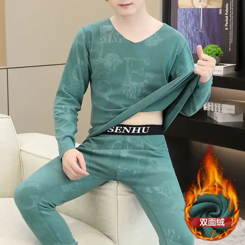 신상 브이넥 남성용 양면 독일산 플리스 벨벳 보온 내의 가을 겨울용 풀오버 세트