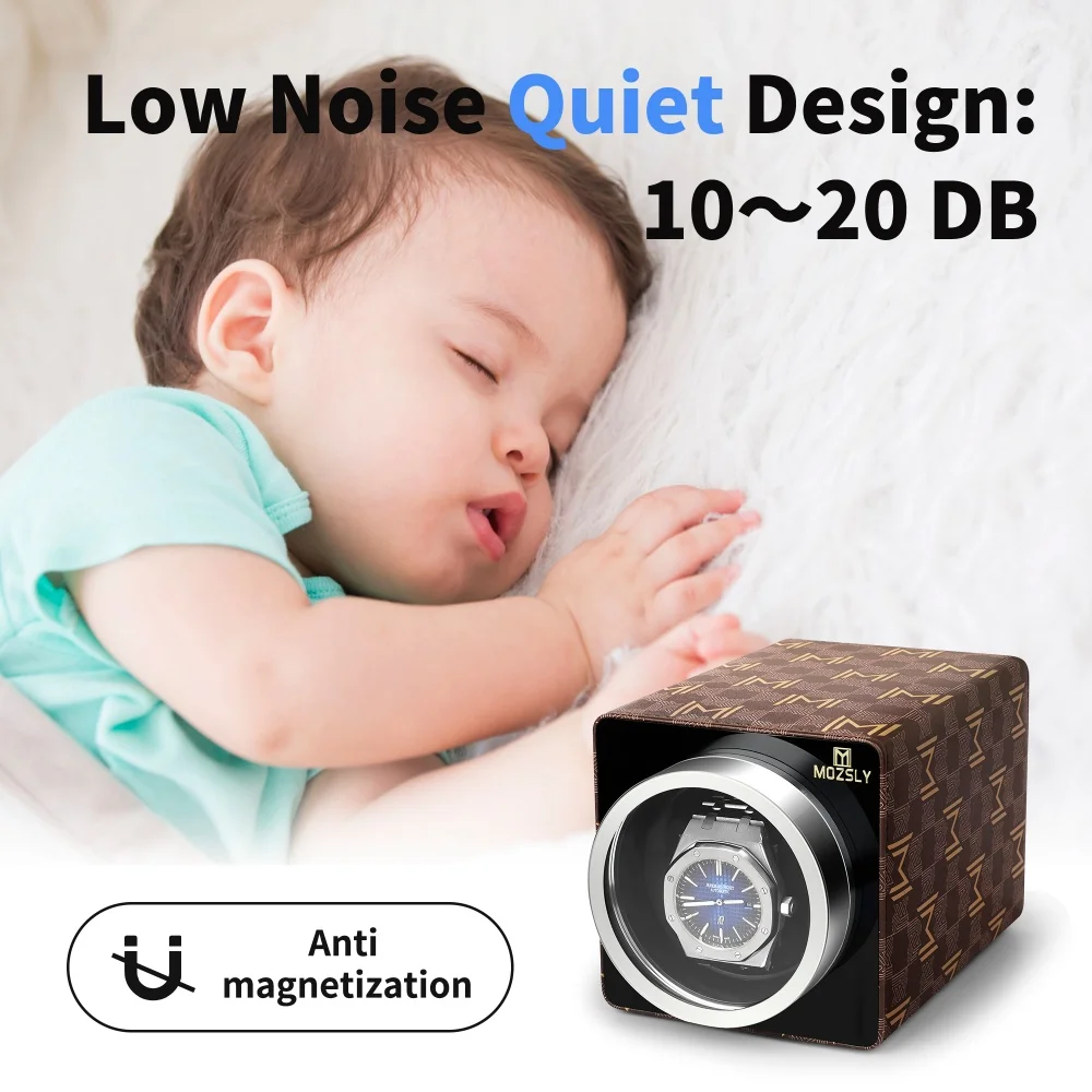 Mozsly Luxury Single Watch Winder, Monogram, Japanese Quiet Motor, 12 Tpd, Stackable Pu Box, for Display, Fits Rolex Omega
