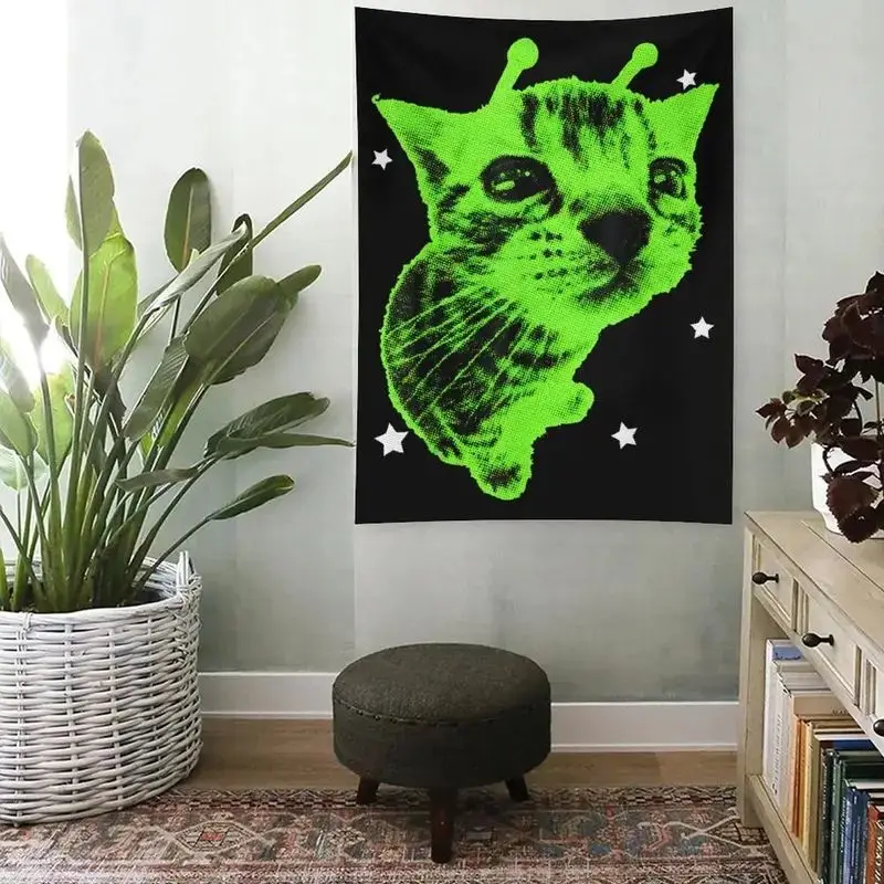 VIKAMA Green Blacklight Alien Cat Stars Tapestry Home Art Piece Wall Decor Bedroom Dorm UV Reactive Trippy Cool Soft Durable