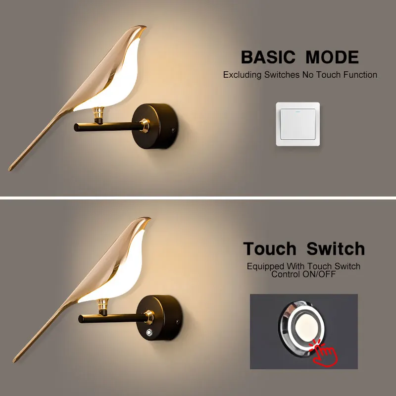 داخلي العقعق الطيور اللمس التبديل أضواء الجدار LED لغرفة النوم بجانب السرير الشمال 360 °   مصابيح Wlal LED قابلة للدوران، إضاءة شمعدان جداري