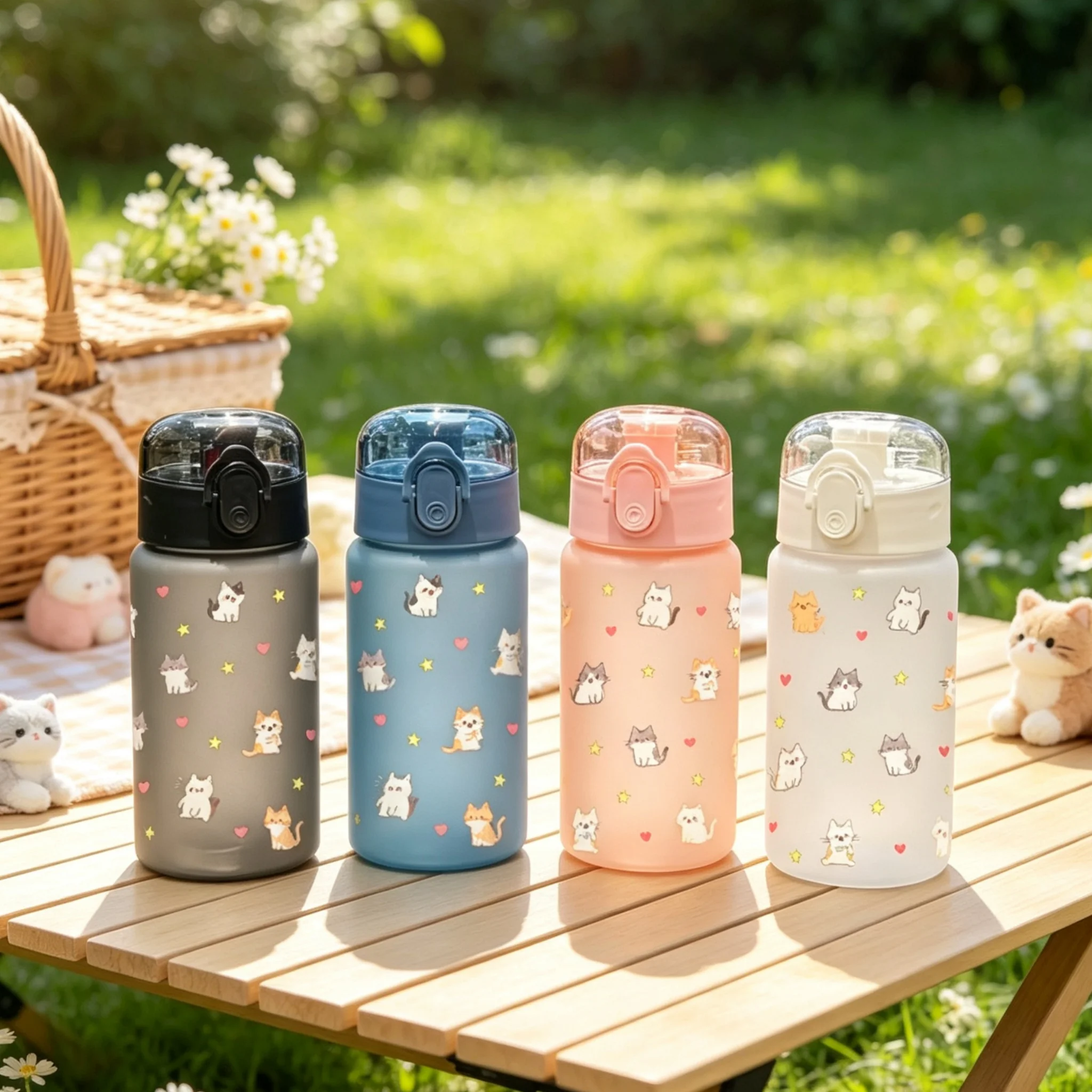 Botellas de agua de 550ML con estampado completo de gato y perro de dibujos animados en 3D, resistentes a la decoloración, de colores brillantes, a prueba de fugas, sin PVC, duraderas y portátiles