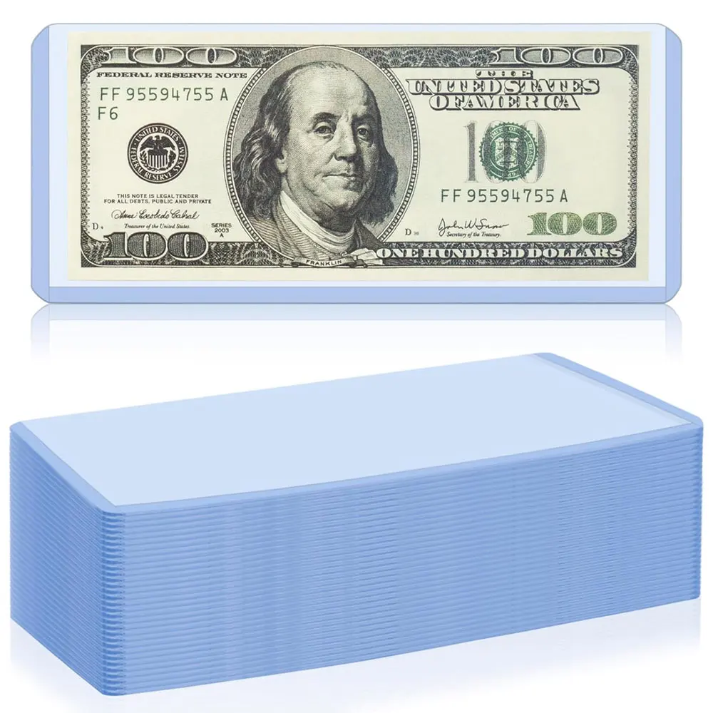 10-piece transparent banknote sleeve, made of PVC, suitable for regular banknotes, size 6.8 x 2.9 inches.