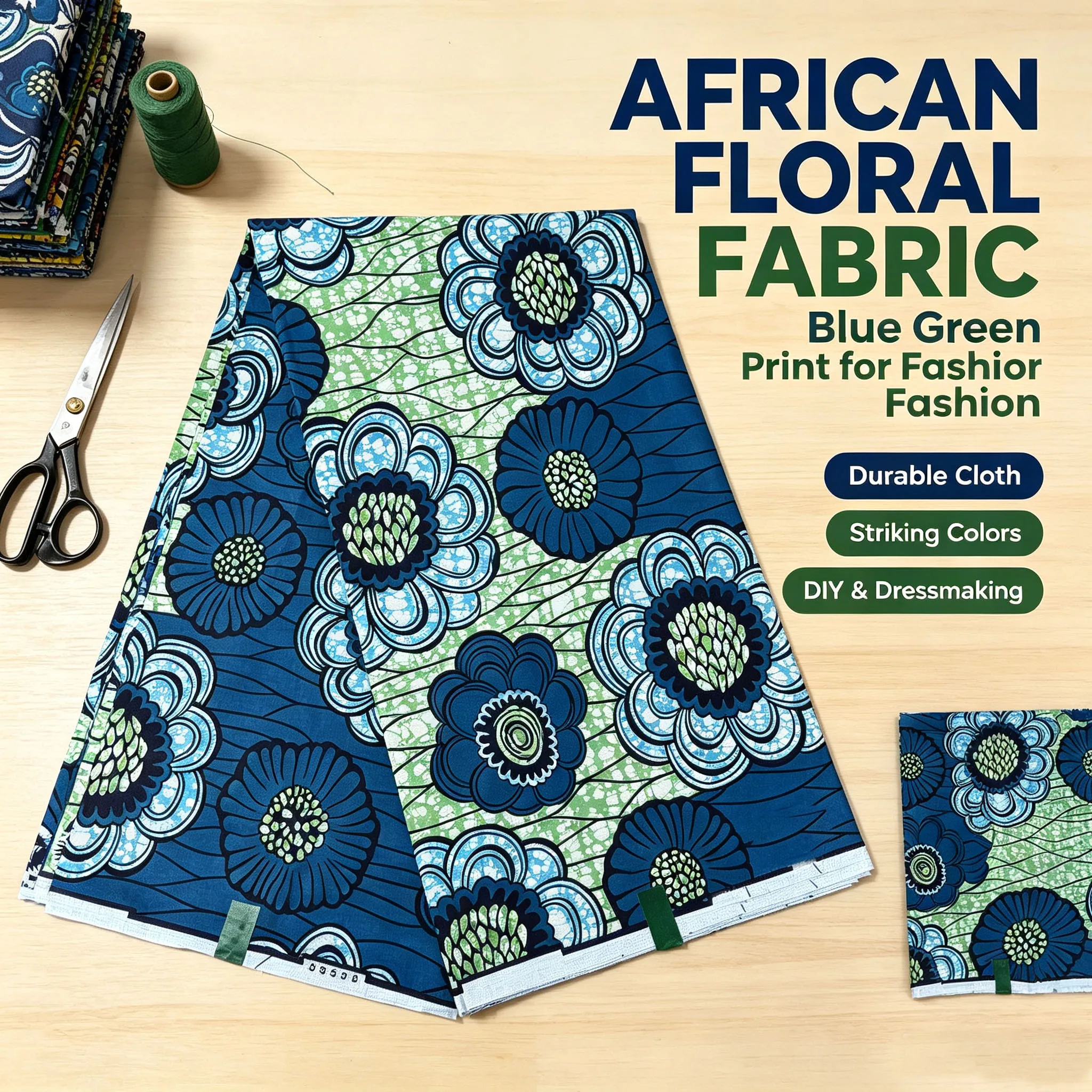 Nueva tela africana de cera auténtica con estampado floral azul verdoso, Ankara de 6 yardas, 100% algodón, tela batik para vestidos de mujer, pagne, costura, bricolaje, hogar.