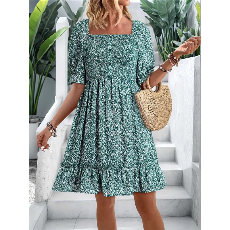 NUOVI-Vestiti estivi casual da donna Manica corta Collo quadrato Smocked Boho Floral Sundress Flowy A-Line Mini abito