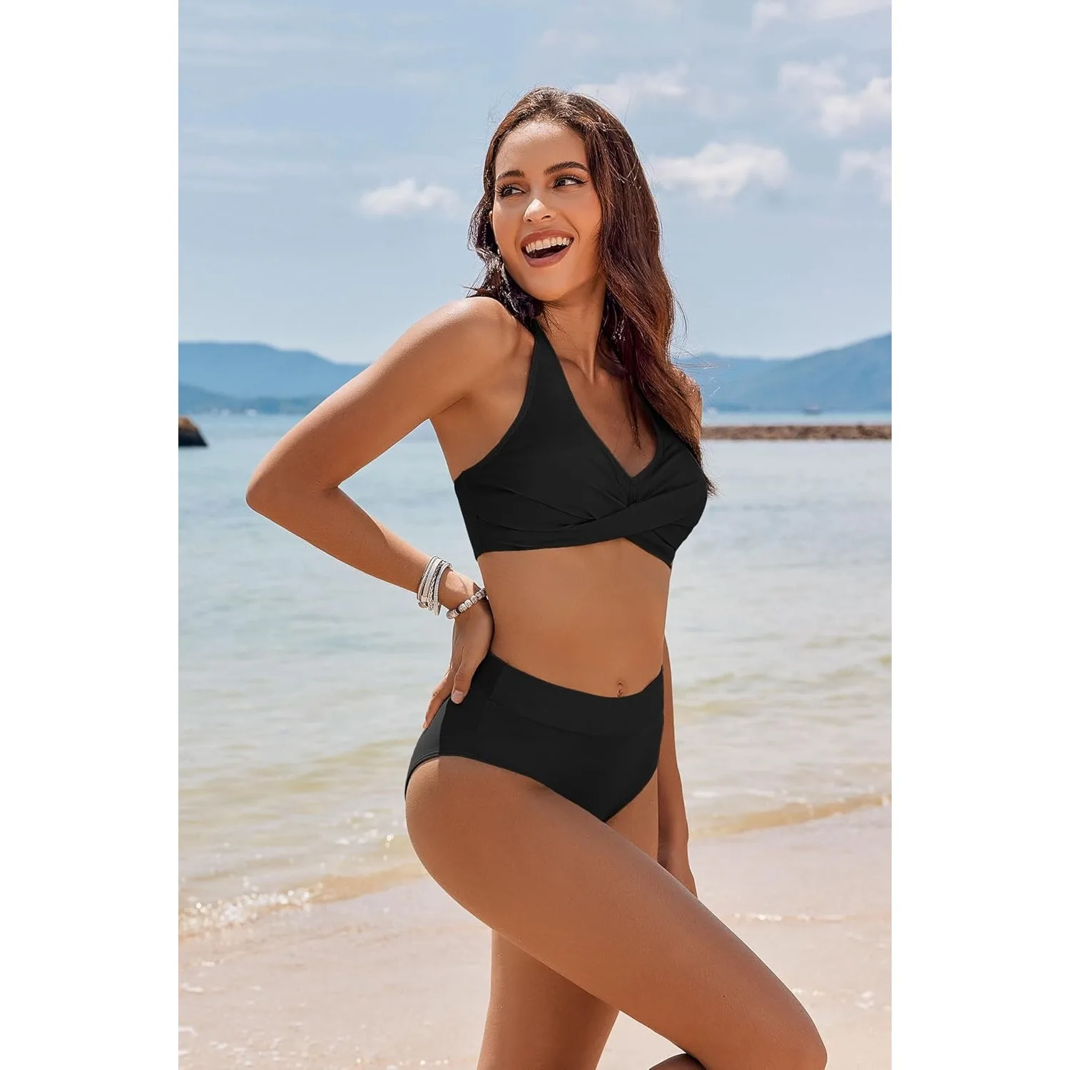 Women's High Waisted Bikini Sets Tummy Control Swimsuits Two Piece Bathing Suits Color Block Halter Swim Suits